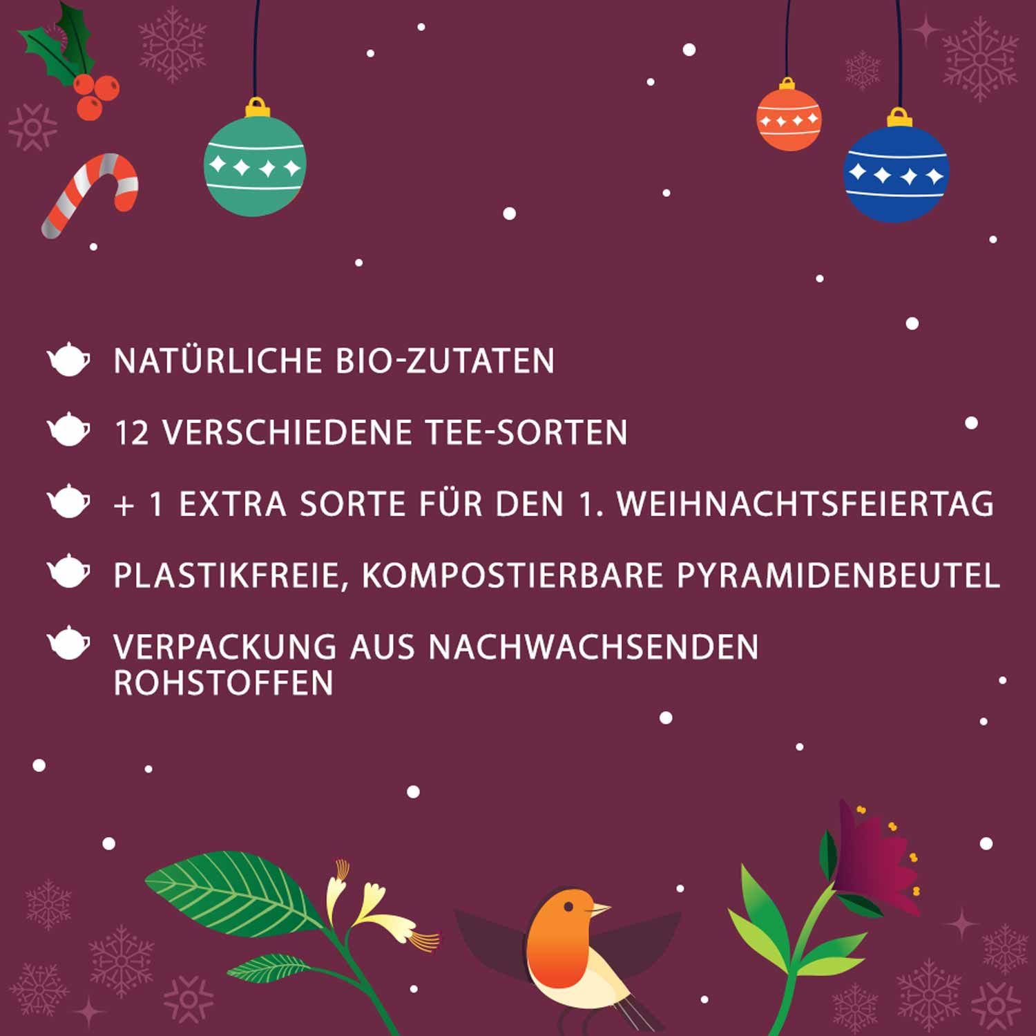 Infografik mit Text über Tee. Enthält Informationen über Zutaten, Teesorten und Verpackung. Dekoration mit Weihnachtsmotiven.