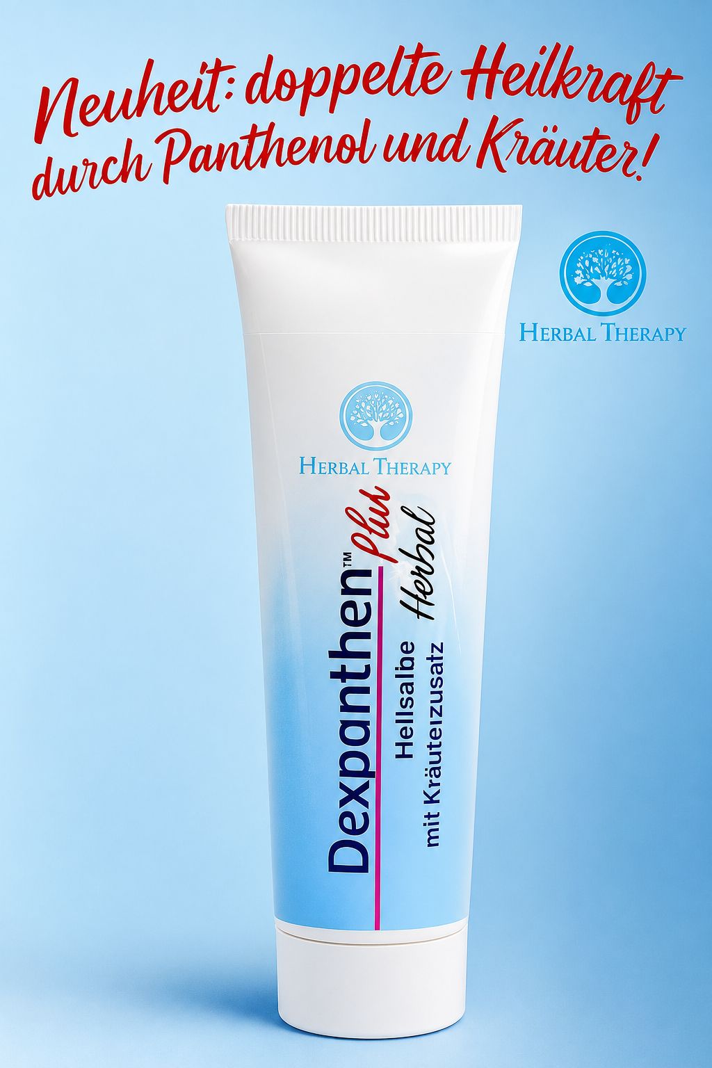 Tube Dexpanthen Plus Herbal Salbe auf blauem Hintergrund. "Neuheit: doppelte Heilkraft durch Panthenol und Kräuter!".