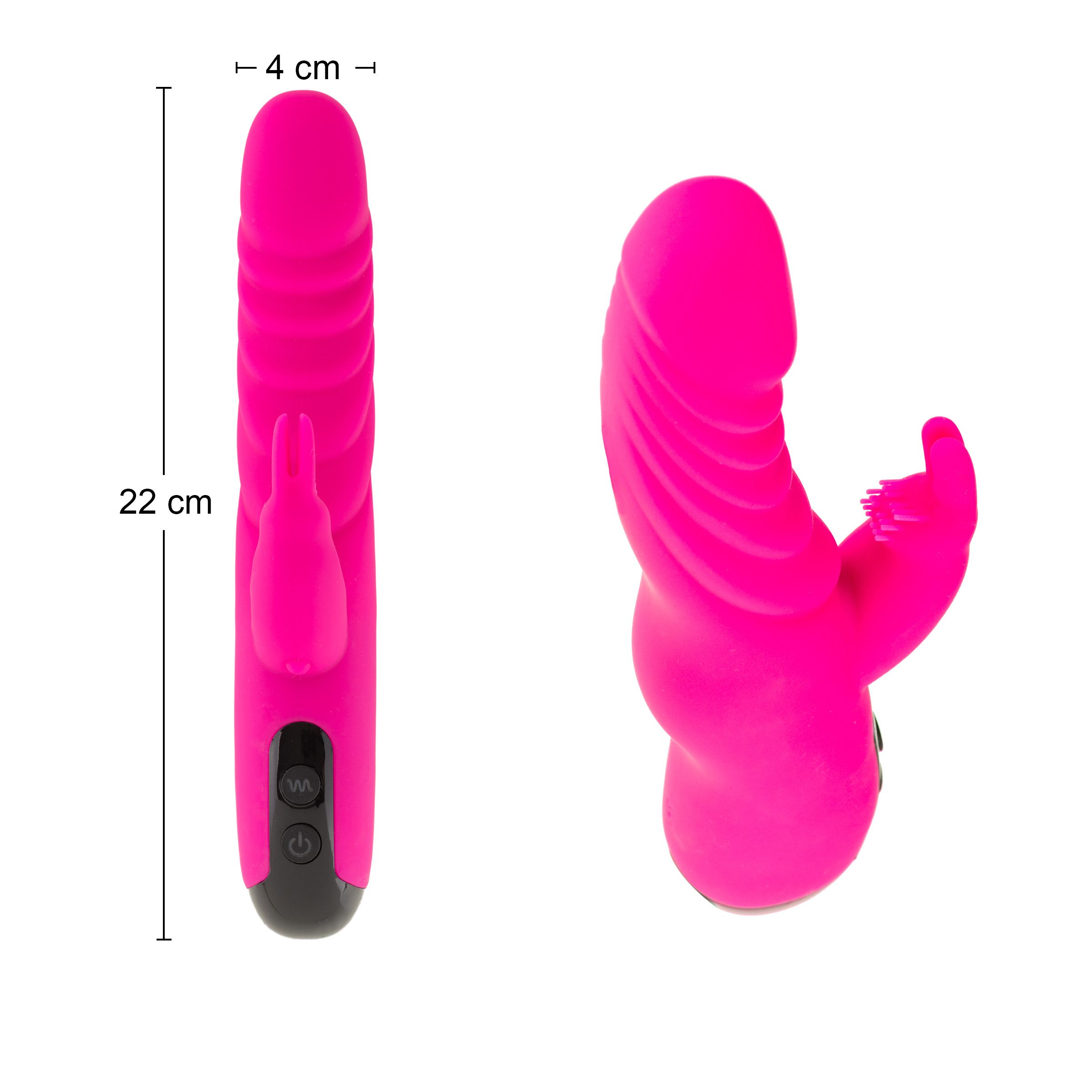 Zwei Ansichten eines pinkfarbenen Vibrators. Maße: 22 cm lang, 4 cm breit. Mit Hasenohren-Design.