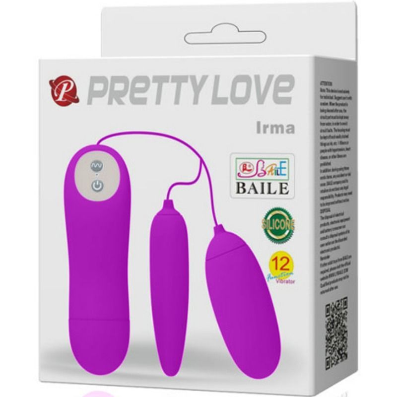 Verpackung von Pretty Love Irma. Zeigt das Produkt und Logos. Enthält ein Doppel-Vibrations-Ei und eine Fernbedienung.