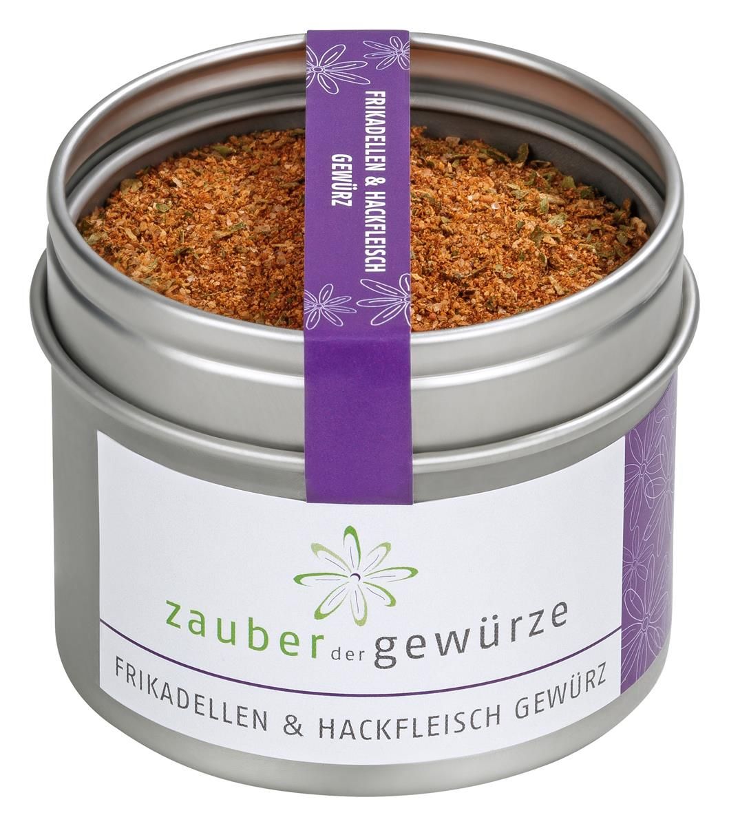 Gewürzmischung in Dose. Dose mit lila Etikett und Schriftzug. Produktname: Zauber der Gewürze Frikadellen- & Hackfleisch Gewürz.