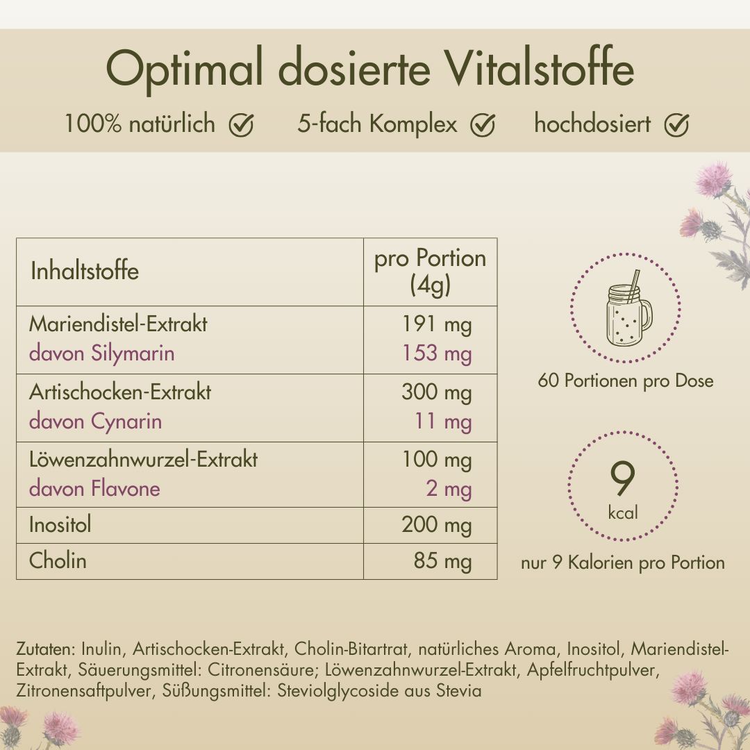 Infotafel mit Inhaltsstoffen und Nährwerten. Mariendistel, Artischocke, Löwenzahn, Inositol, Cholin. 60 Portionen pro Dose, 9 kcal pro Portion.