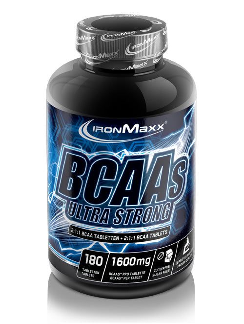 Flasche mit 180 BCAA Ultra Strong Tabletten, 1600mg pro Tablette. Zuckerfrei.
