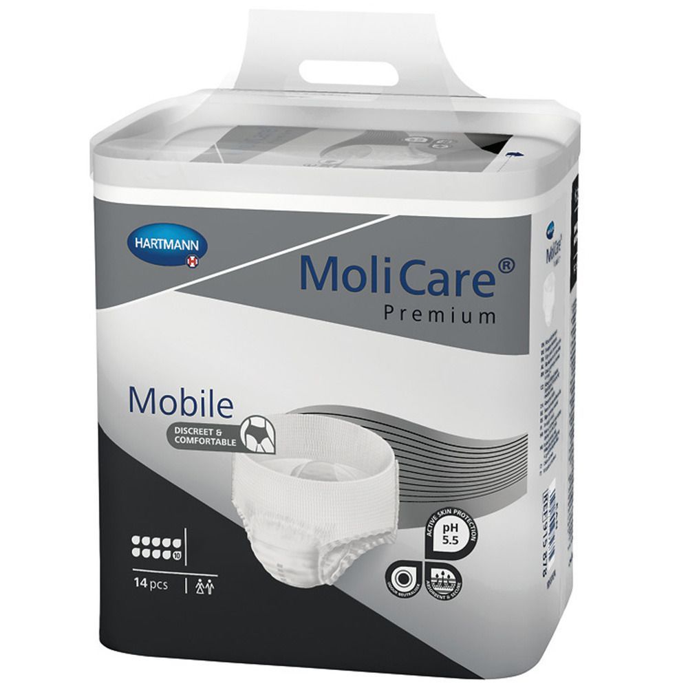 Verpackung MoliCare Premium Mobile, 14 Stück. Marke Hartmann. Weißes Produkt abgebildet. Mit Tragegriff.