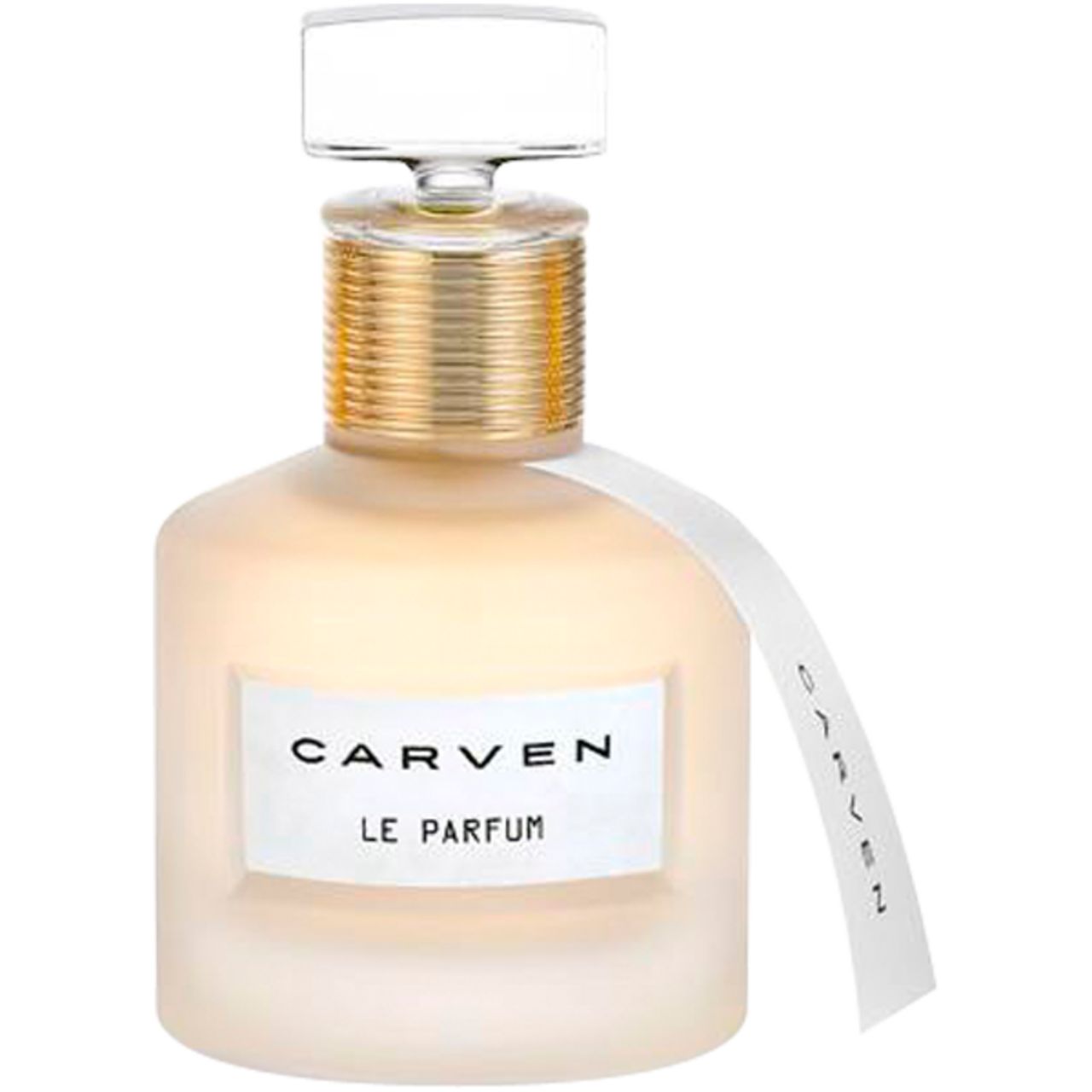 Parfümflakon mit weißem Etikett. Auf dem Etikett steht "CARVEN LE PARFUM". Der Flakon hat einen goldenen Hals und einen transparenten Deckel.