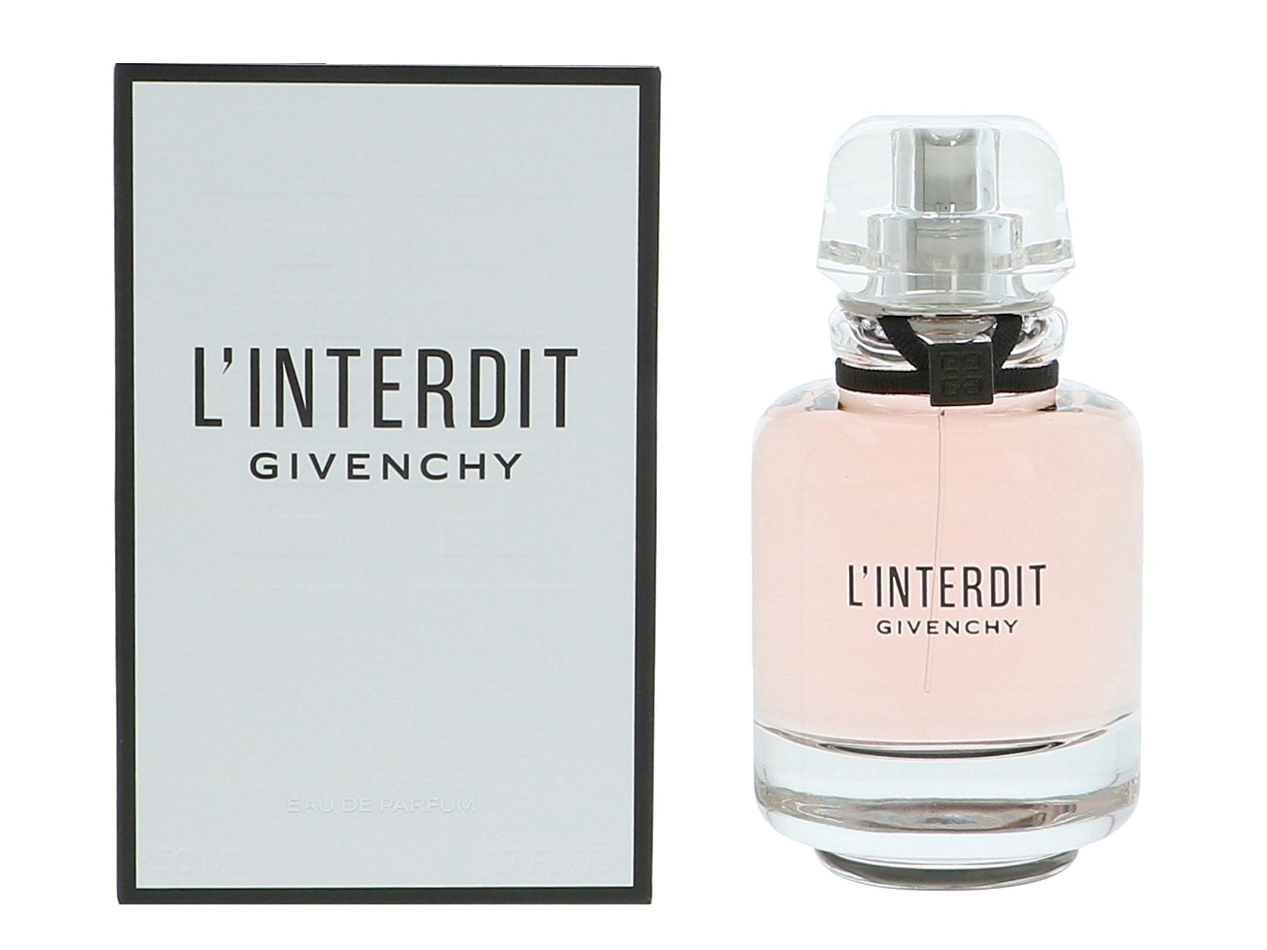 L'Interdit Eau de Parfum Flakon und Verpackung. Flakon rosa, transparent. Verpackung weiß mit schwarzem Rahmen und Text.