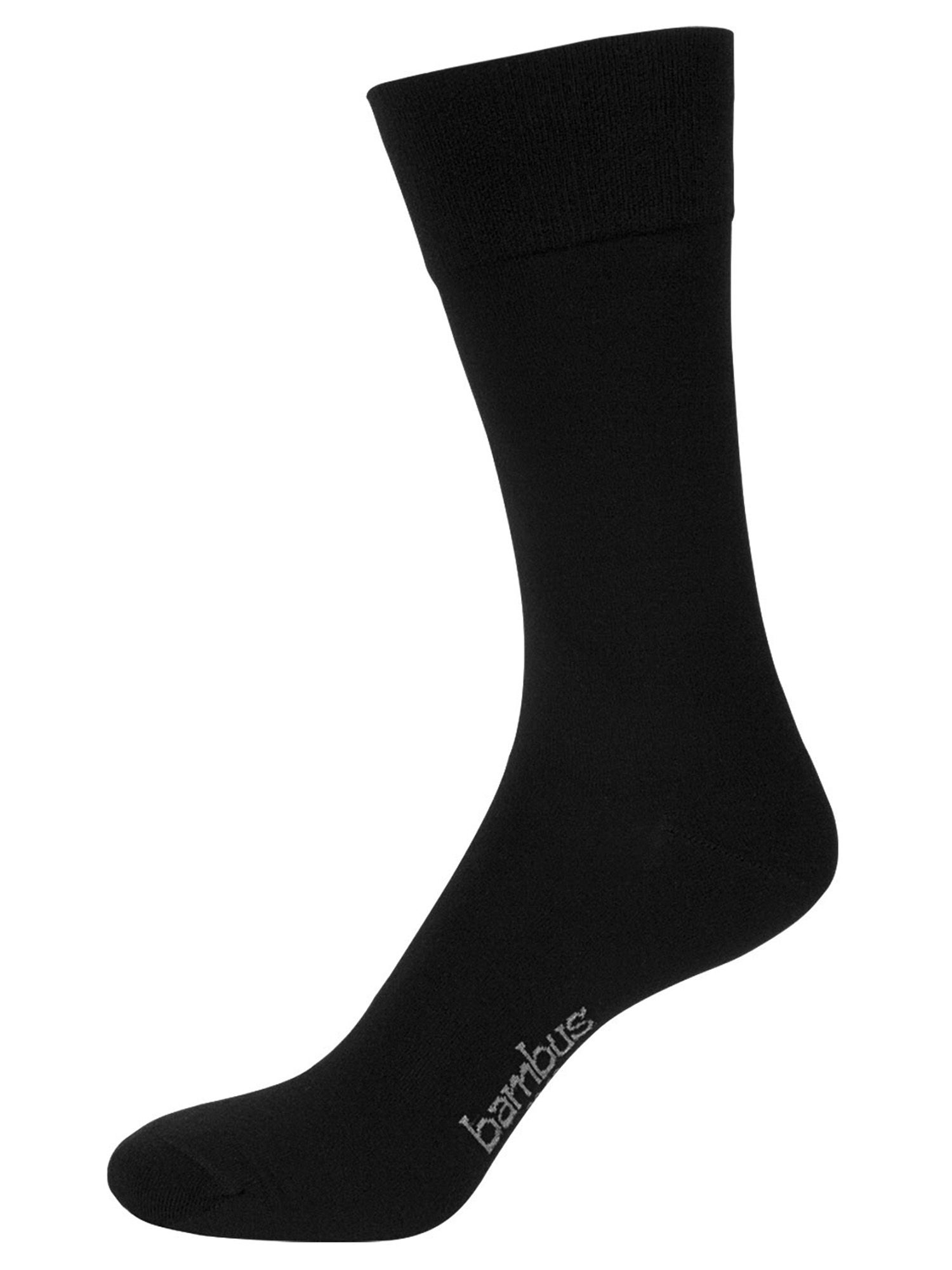 Schwarze Socke, seitliche Ansicht. Text: "bambus".