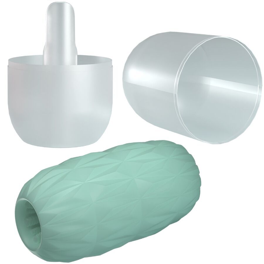 Masturbator, transparente Hülle und Einsatz. Masturbator türkis, zylindrisch mit geometrischem Muster. Hülle und Einsatz transparent.