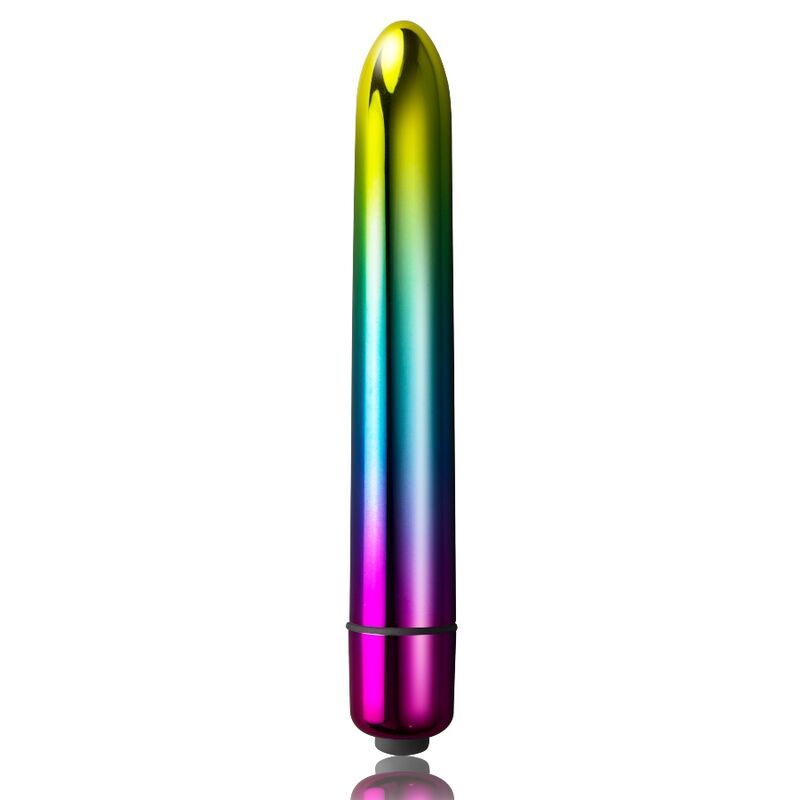 Zylindrischer Vibrator in Regenbogenfarben. Glatte Oberfläche, abgerundete Spitze.