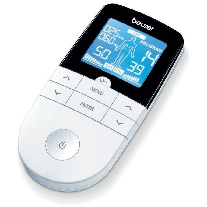 Weißes, elektronisches Muskelstimulationsgerät mit Display und Knöpfen. Marke: Beurer. Anzeige mit Parametern und Körperschema.