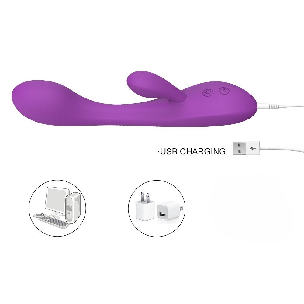 Lila Vibrator mit zwei Enden, mit USB-Ladekabel und Netzteil. Illustrationen von Computer und Ladegerät.