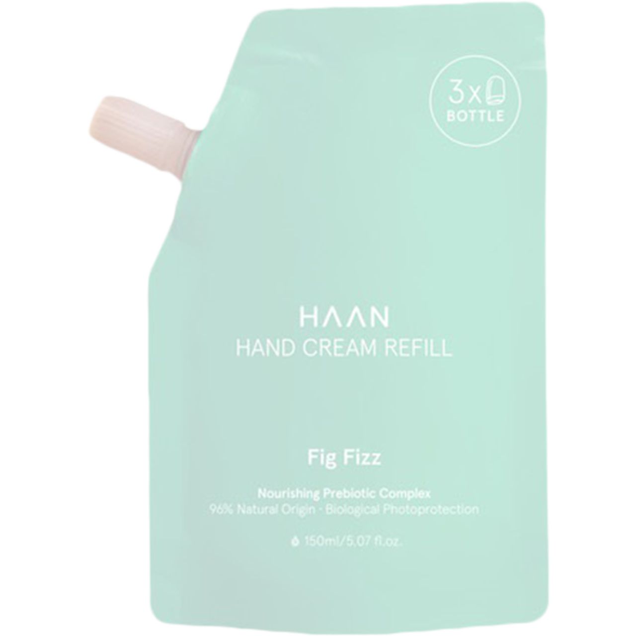 Nachfüllpackung für Handcreme, hellgrün. Mit Aufschrift HAAN, Fig Fizz. Enthält 3 Flaschen. 150ml.