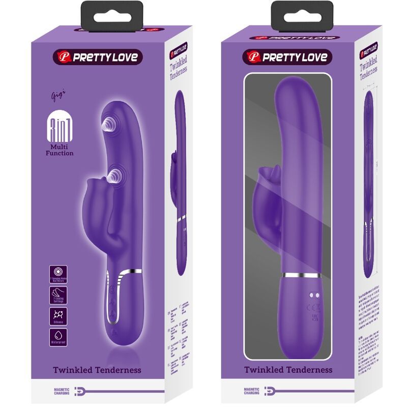 Verpackung mit zwei Ansichten eines lila Vibrators. Marke Pretty Love. Text: Twinkled Tenderness, 3in1 Multi Function.