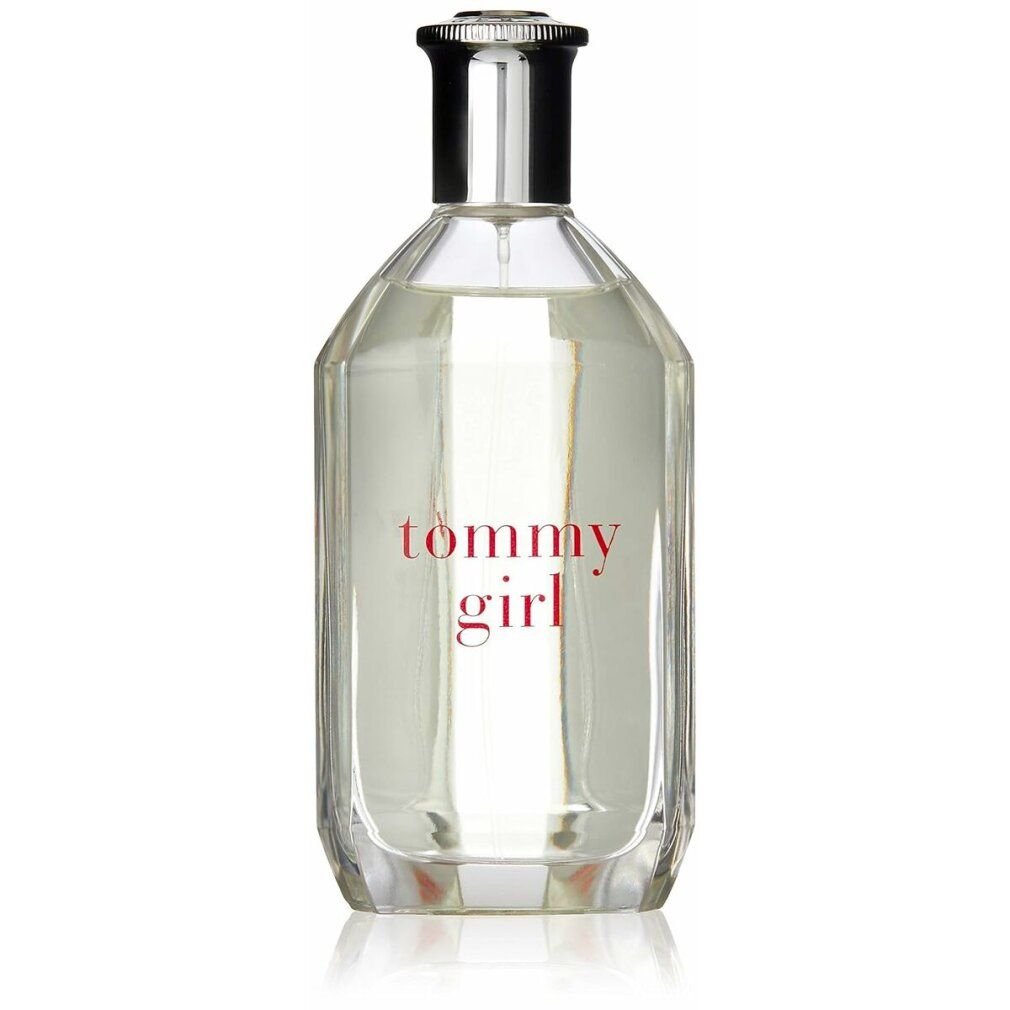 Klarer Glasflakon mit silbernem Verschluss. Roter Schriftzug 'tommy girl'.