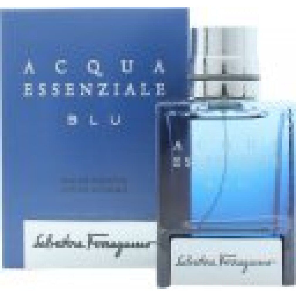 Blaues Parfümflakon mit Verpackung. Aufschrift: Acqua Essenziale Blu und Salvatore Ferragamo.