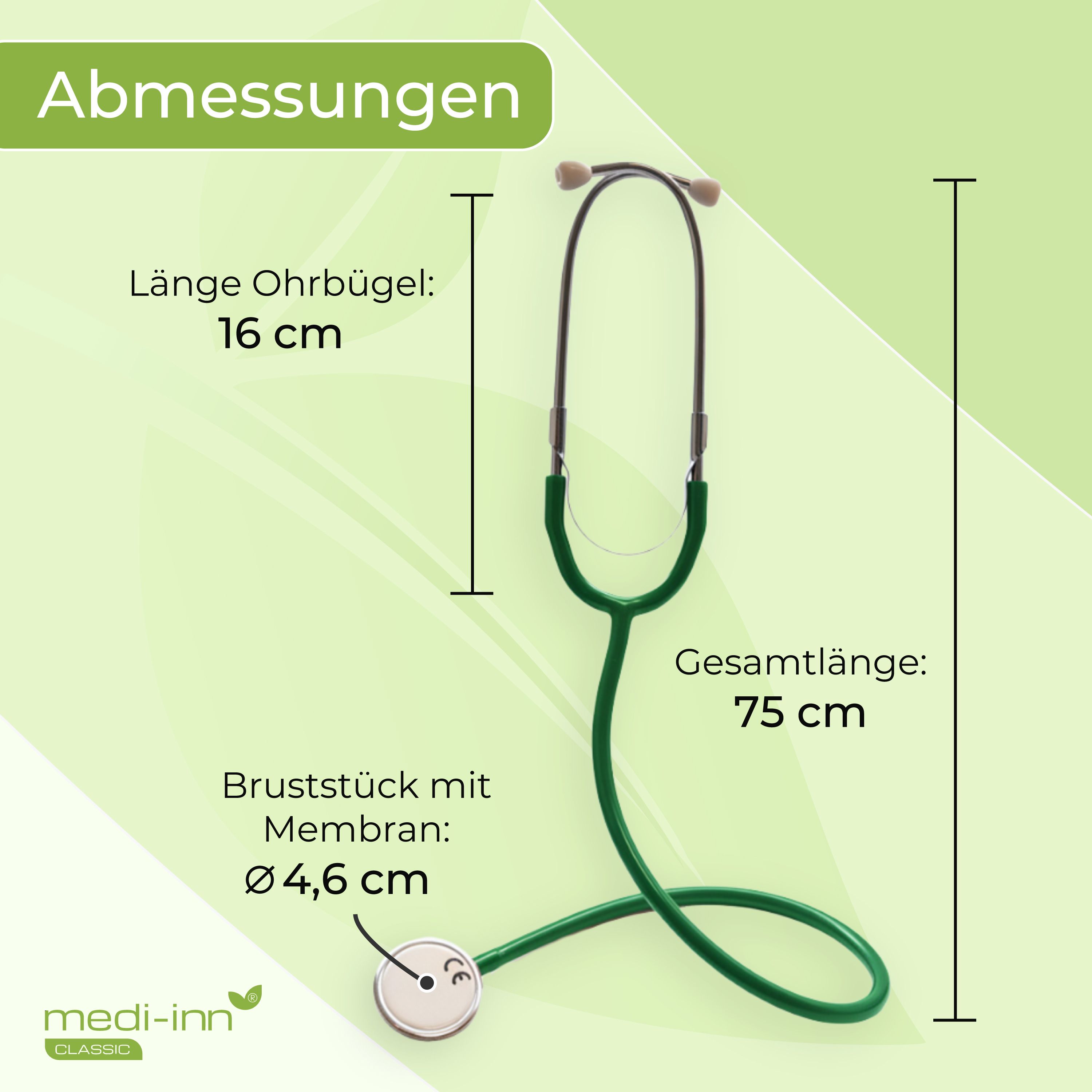 Grünes Stethoskop: Ohrbügel 16 cm, Gesamtlänge 75 cm, Bruststück Ø 4,6 cm.