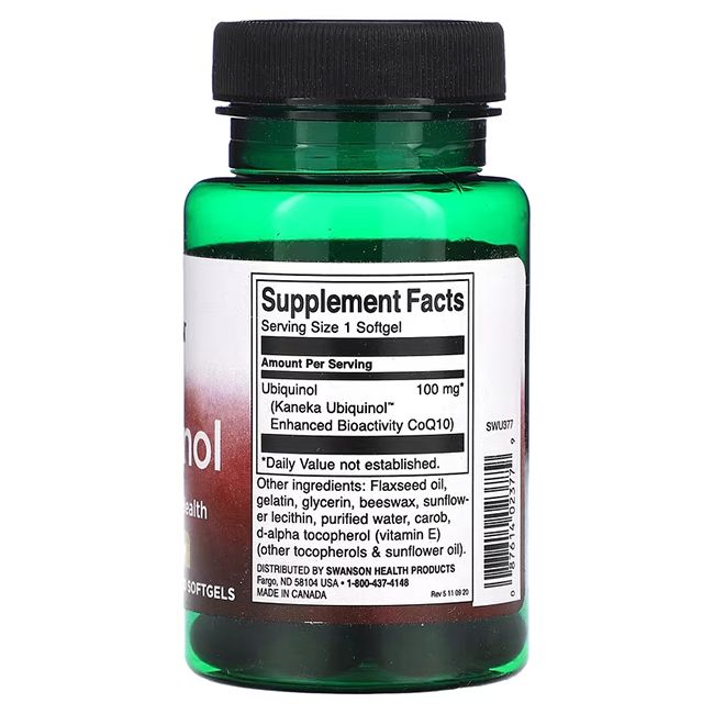 Rückseite einer Swanson Ubiquinol 100 mg Flasche mit Nährwertangaben und Inhaltsstoffen.