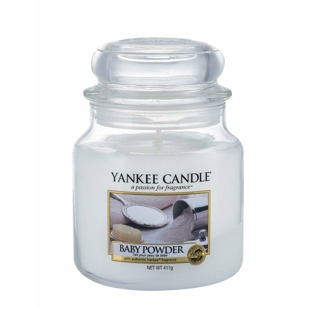Yankee Candle Baby Powder Duftkerze im Glas mit Deckel. Etikett mit Produktbild. Gewicht: 411g.