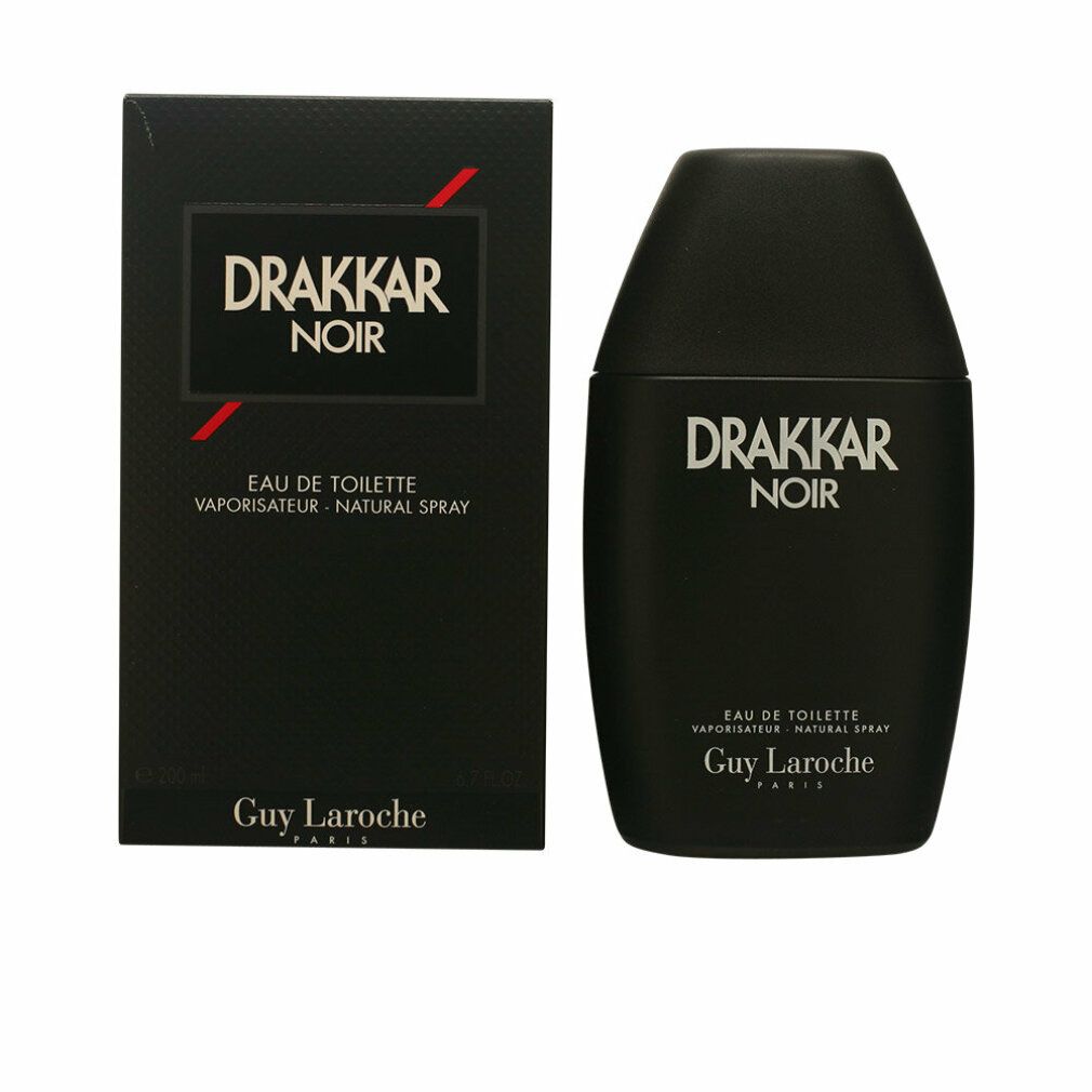 Schwarzer Flakon und Verpackung von Drakkar Noir Eau de Toilette. Aufschrift: Drakkar Noir, Guy Laroche.