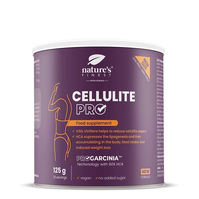 Lila Dose Cellulite PRO Food Supplement mit 125g. Enthält ProGarcinia™ und HCA. Vegan, ohne Zuckerzusatz.