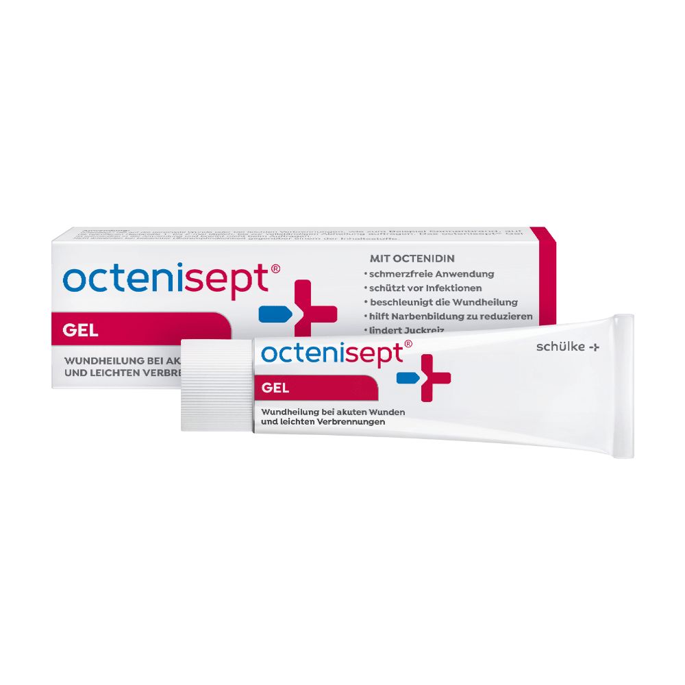 Octenisept Wundgel Tube und Faltschachtel mit rotem und blauem Design. Beschriftung: 'octenisept GEL'.