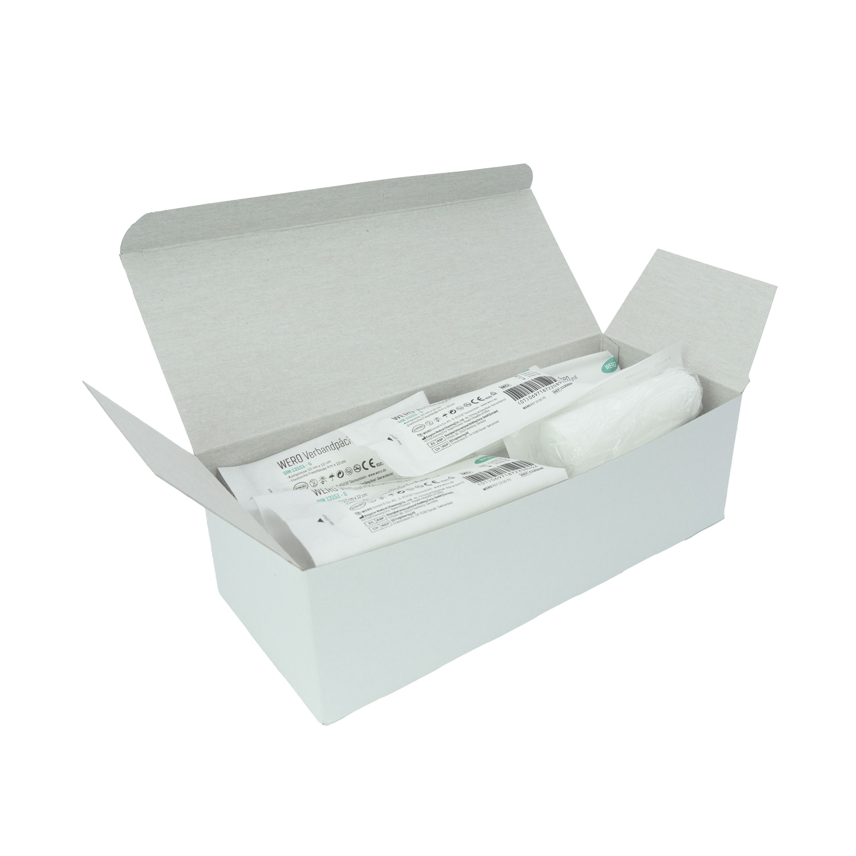 Geöffnete weiße Box mit Verbandpäckchen. Inhalt teilweise sichtbar.