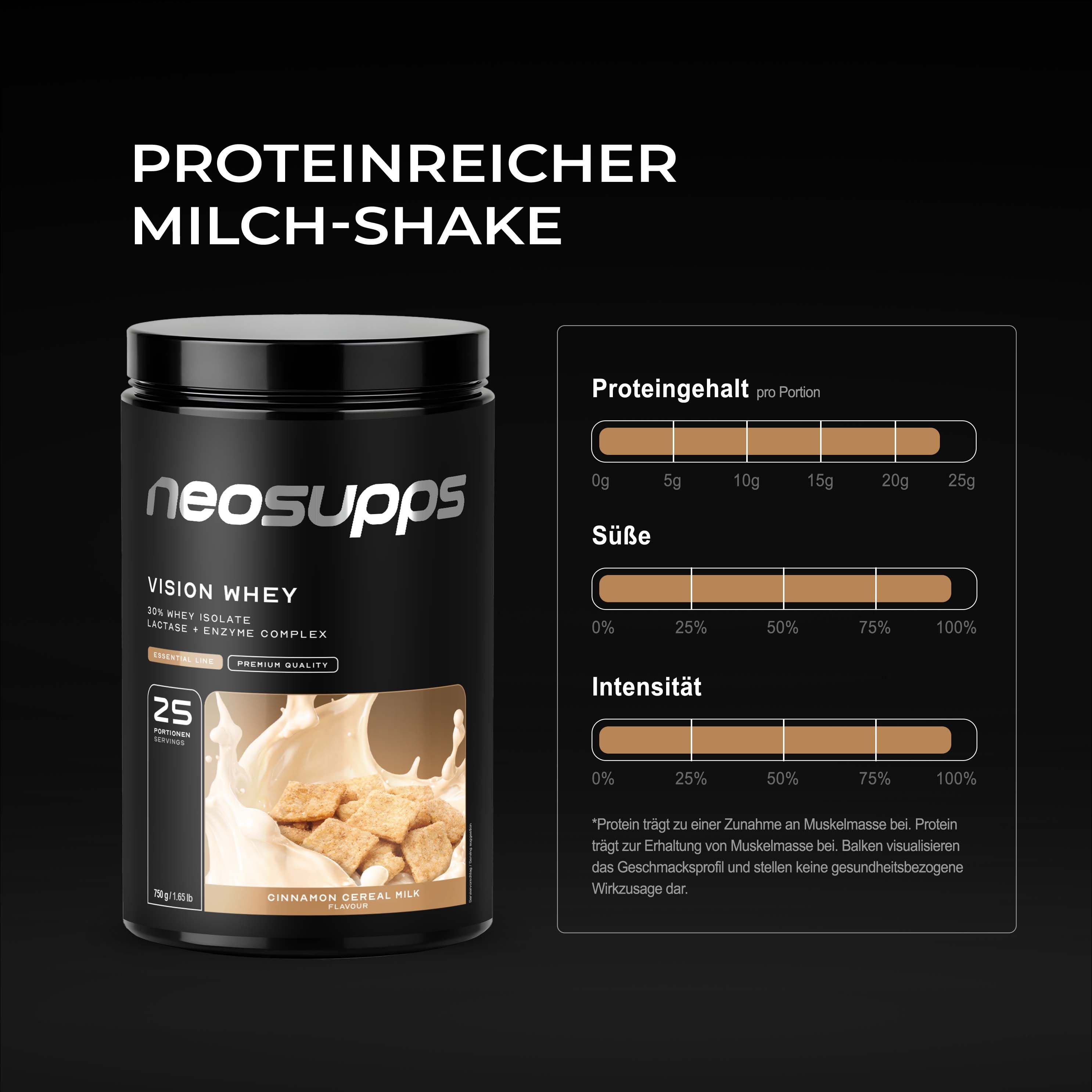 Neosupps Vision Whey Proteinpulver, Zimt-Cereal-Milch. Nährwertangaben und Geschmacksprofil.