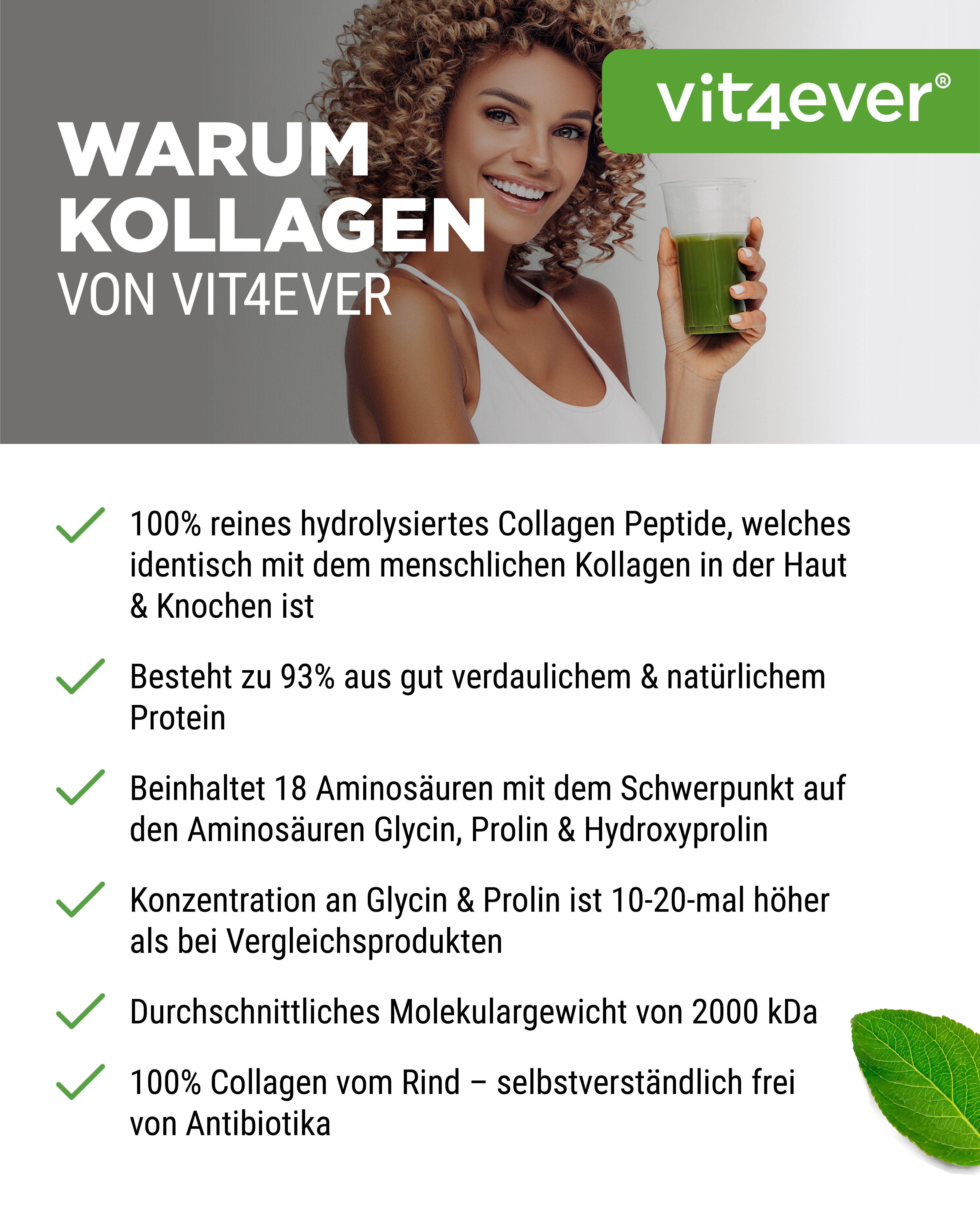 Frau mit Glas Grünzeug. Aufschrift: vit4ever. Text mit Produktinformationen.  Produkt: Kollagen Pulver.
