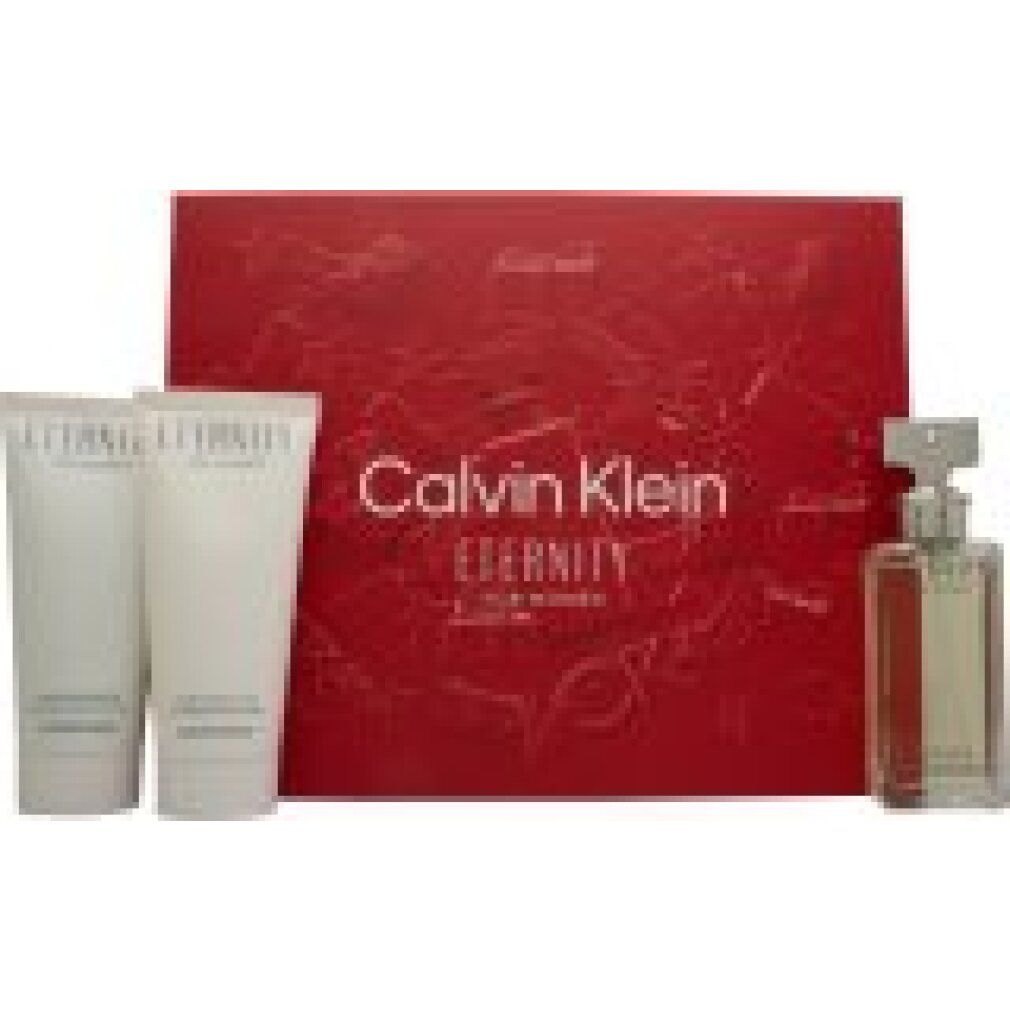 Geschenkset Calvin Klein Eternity. Enthält Duschgel, Körperlotion und Eau de Parfum. Rote Verpackung mit Produktnamen.