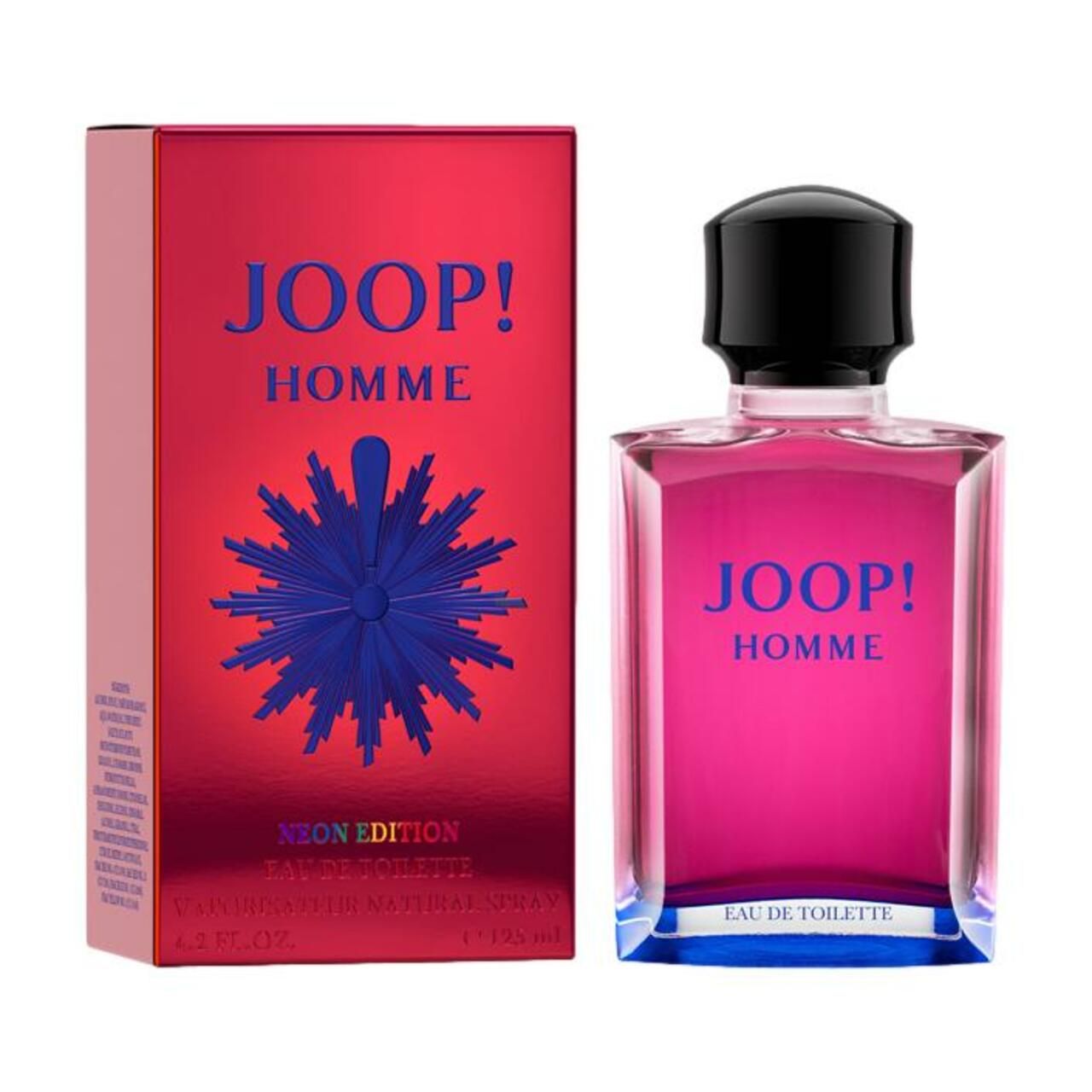 Flakon und Verpackung von JOOP! Homme Neon Edition. Rosa Flakon mit schwarzem Deckel, blaue Schrift. Rote Verpackung mit blauem Logo.