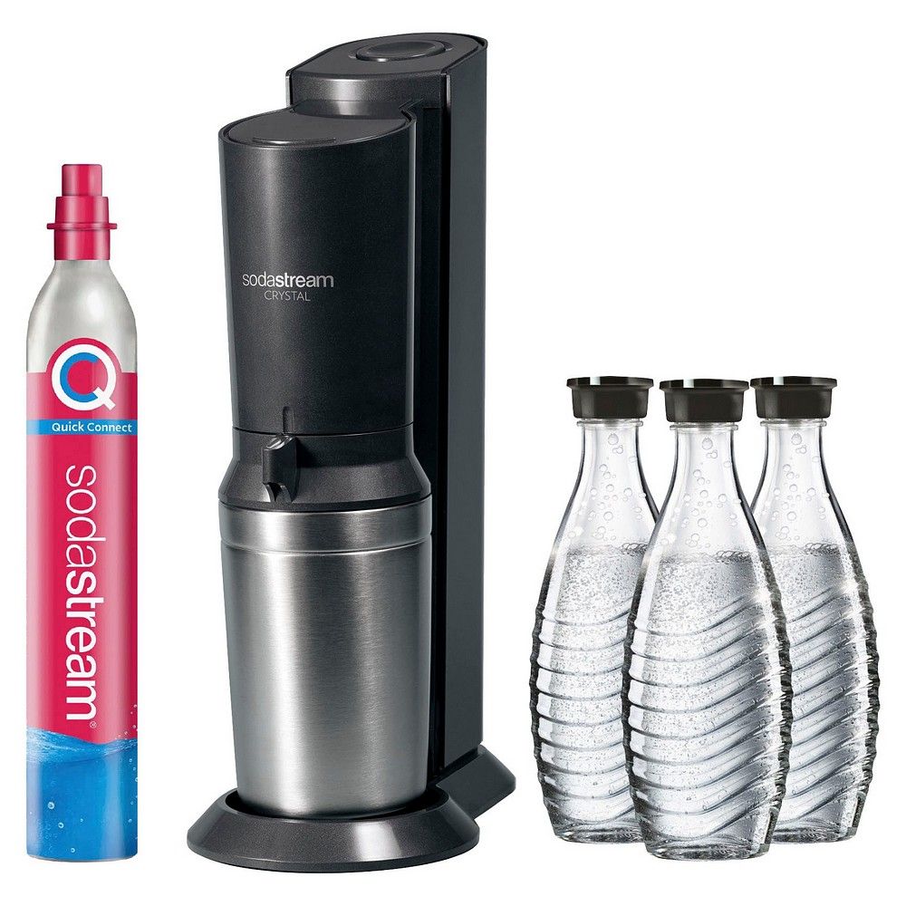 SodaStream Crystal 3.0 Wassersprudler mit CO2-Zylinder und drei Glasflaschen.