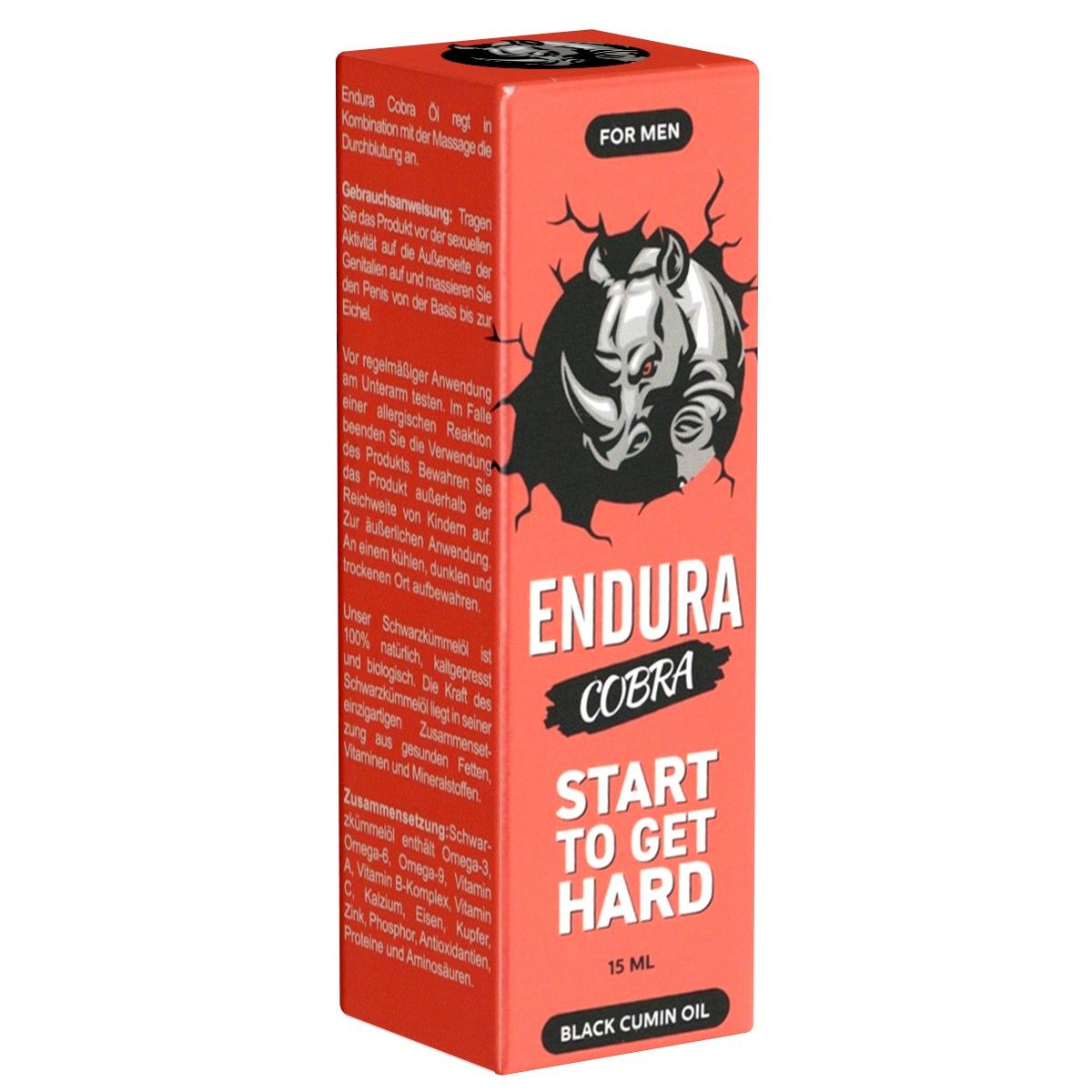 Rote Verpackung mit Produktnamen ENDURA COBRA und Rhino-Logo. Text: START TO GET HARD, 15 ml, Schwarzkümmelöl. Für Männer.