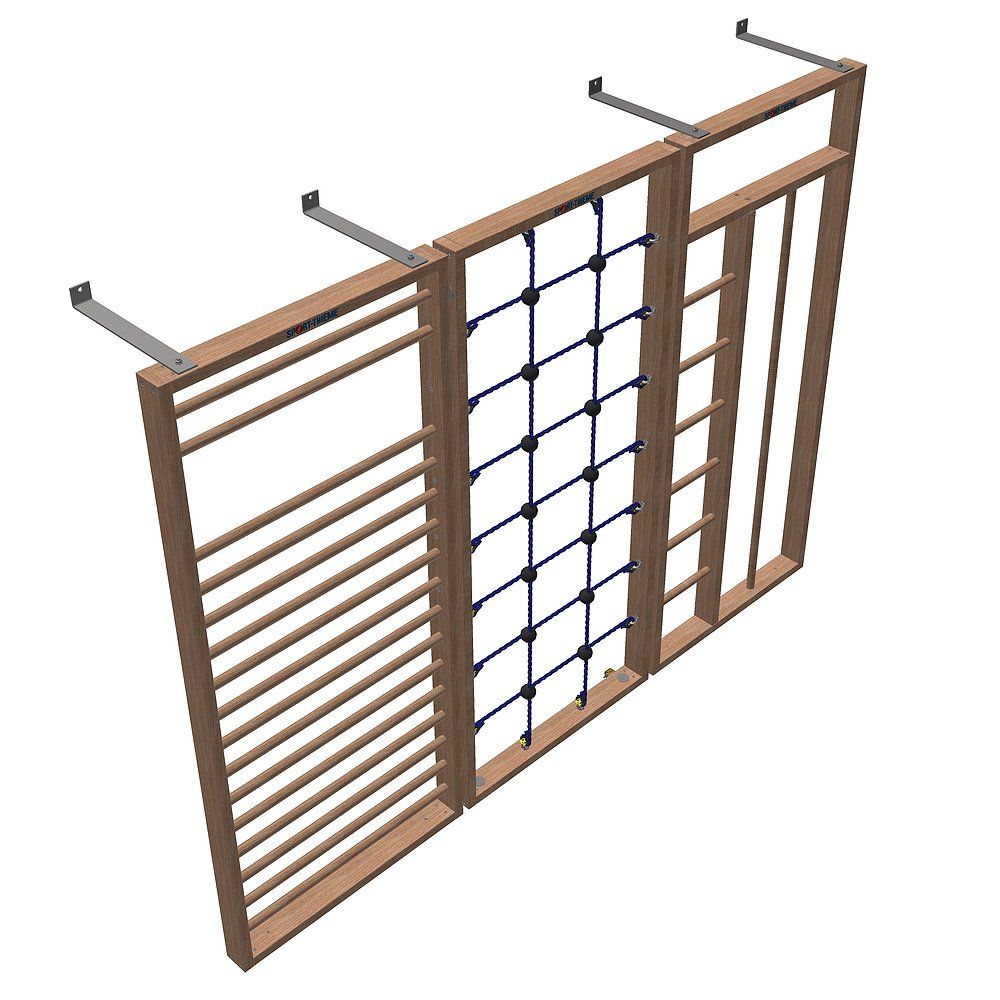 Kletterwand-Kombination mit Sprossenwand, Kletternetz und Leiter. Holzrahmen mit Metallhalterungen. Perspektivische Ansicht.