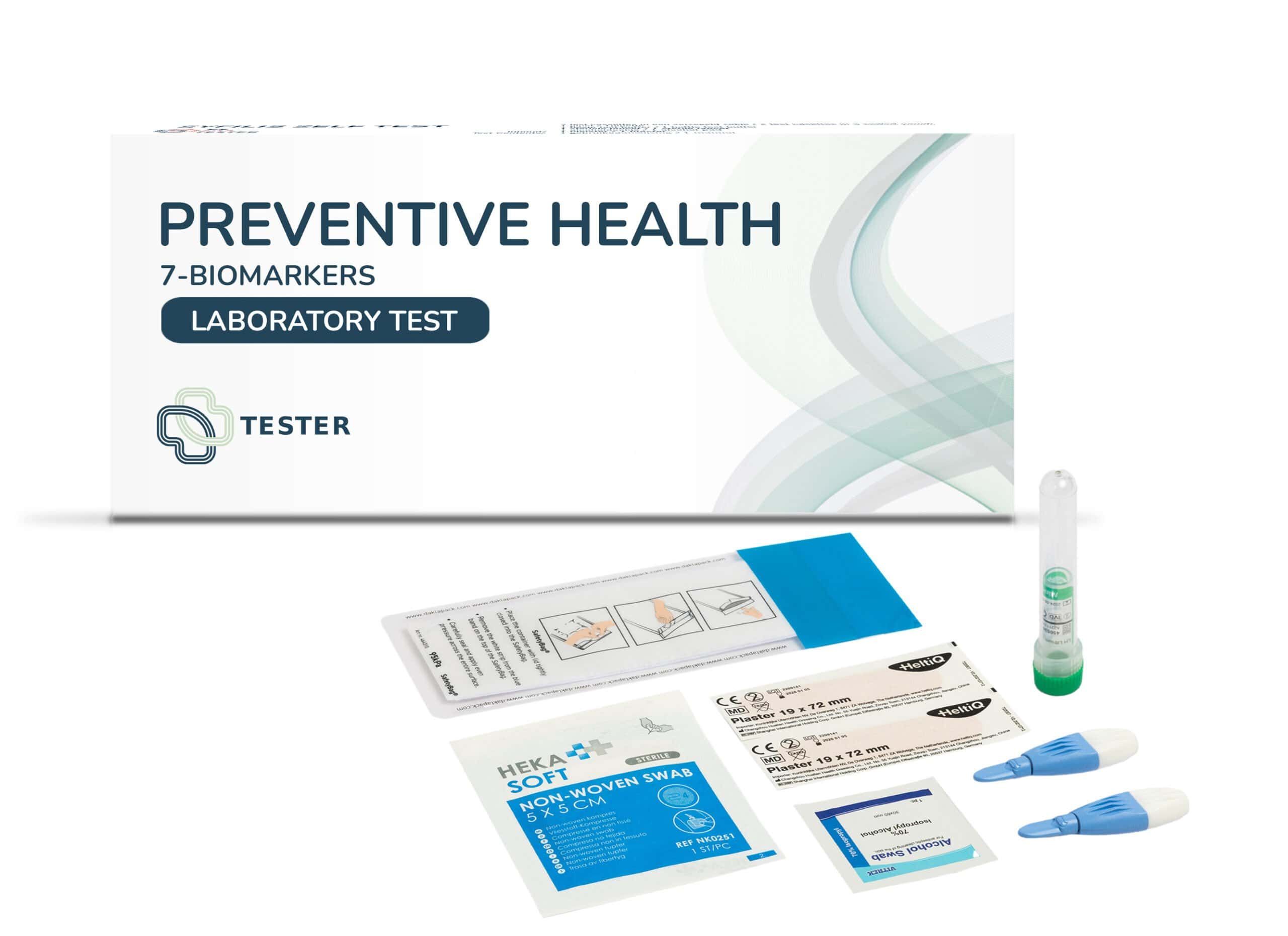 Präventiver Gesundheits-Labortest für 7 Biomarker mit Zubehör wie Tupfern und Lanzetten.