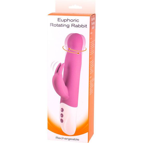 Rosa Vibrator mit Hasenohren, in Verpackung. Produktname: Euphoric Rotating Rabbit. Drei Knöpfe, weißer Sockel. "Rechargeable".