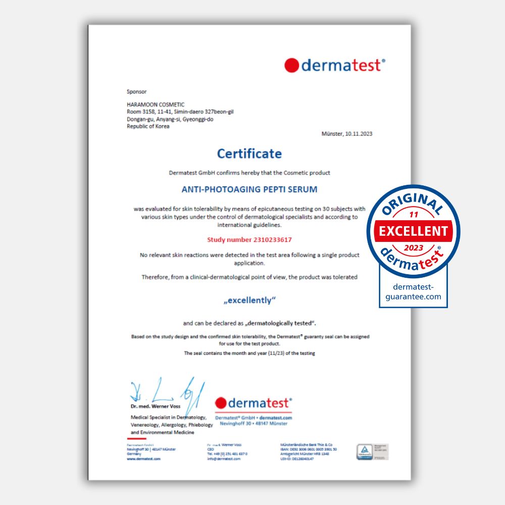 Zertifikat von Dermatest mit dem Logo und dem Stempel 'ORIGINAL EXCELLENT 2023'.