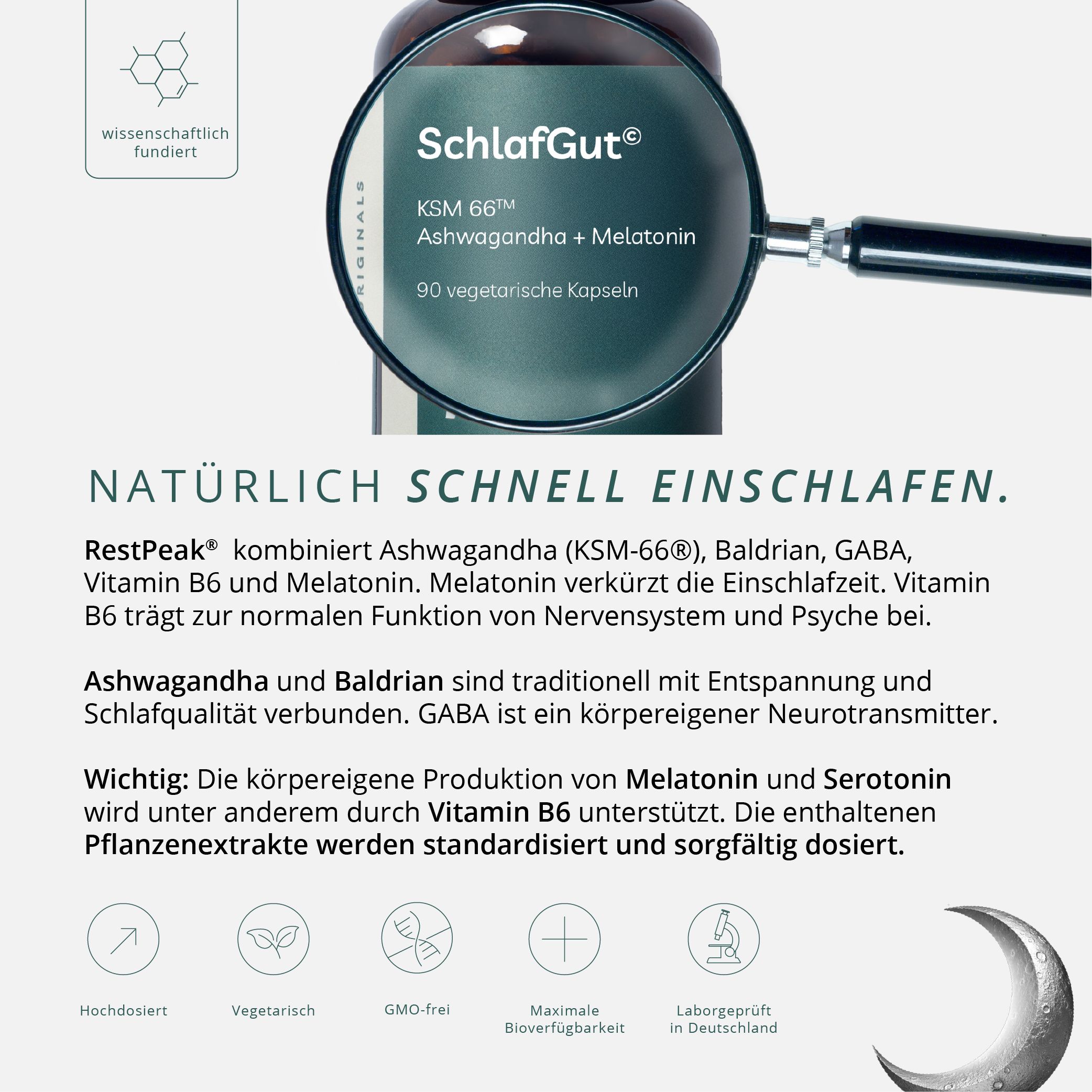 Lupe über einer Flasche 'SchlafGut KSM66 Ashwagandha + Melatonin'. Text: 'Natürlich schnell einschlafen'. Enthält Ashwagandha, Baldrian, GABA, Vitamin B6.