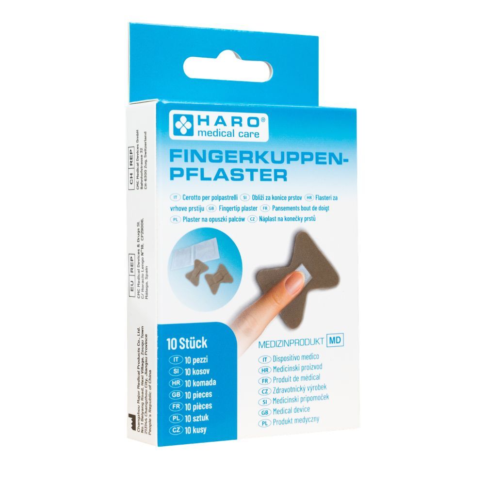 Haro Fingerkuppenpflaster-Verpackung. Pflaster auf Finger abgebildet. 10 Stück. Medizinprodukt.