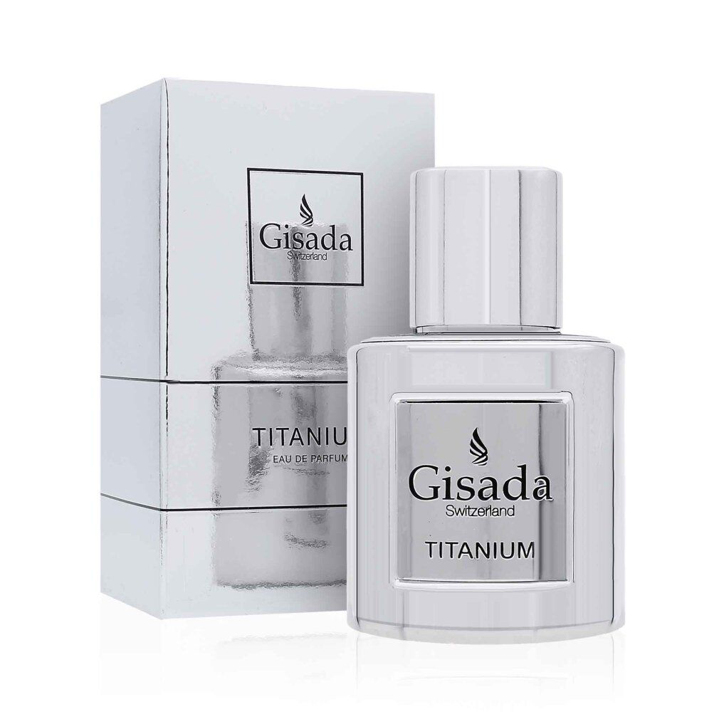 Parfümflakon und Schachtel. Auf dem Flakon steht "Gisada Switzerland Titanium". Die Schachtel hat das Logo und den Namen.