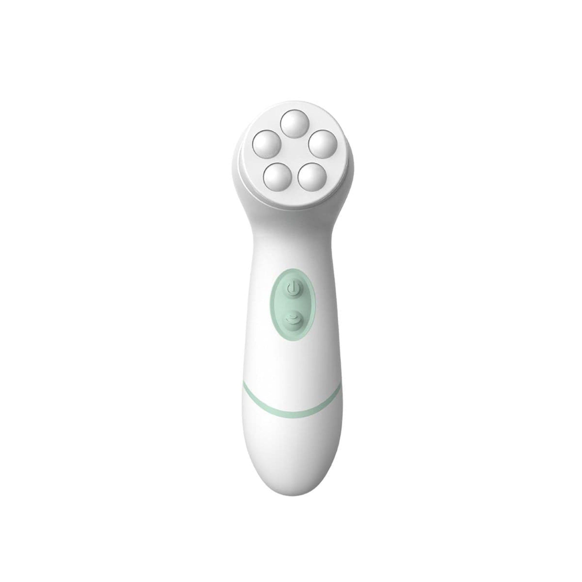 Weißer, ergonomischer Körperreinigungsbürste mit fünf runden Aufsätzen und zwei Knöpfen. Grünliche Akzente.