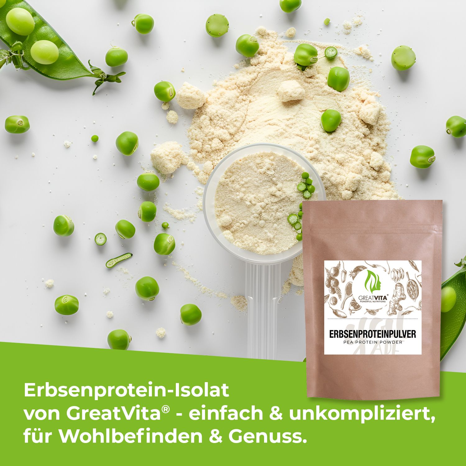 Beutel mit Erbsenprotein-Pulver, Löffel und grüne Erbsen. Text: Erbsenprotein-Isolat von GreatVita. Einfach & unkompliziert.