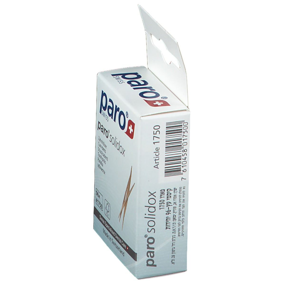 Kartonverpackung von paro® solidox Zahnhölzern. Weiß, mit Logo und Produktbezeichnung. Sichtbar: Artikelnummer, Barcode.