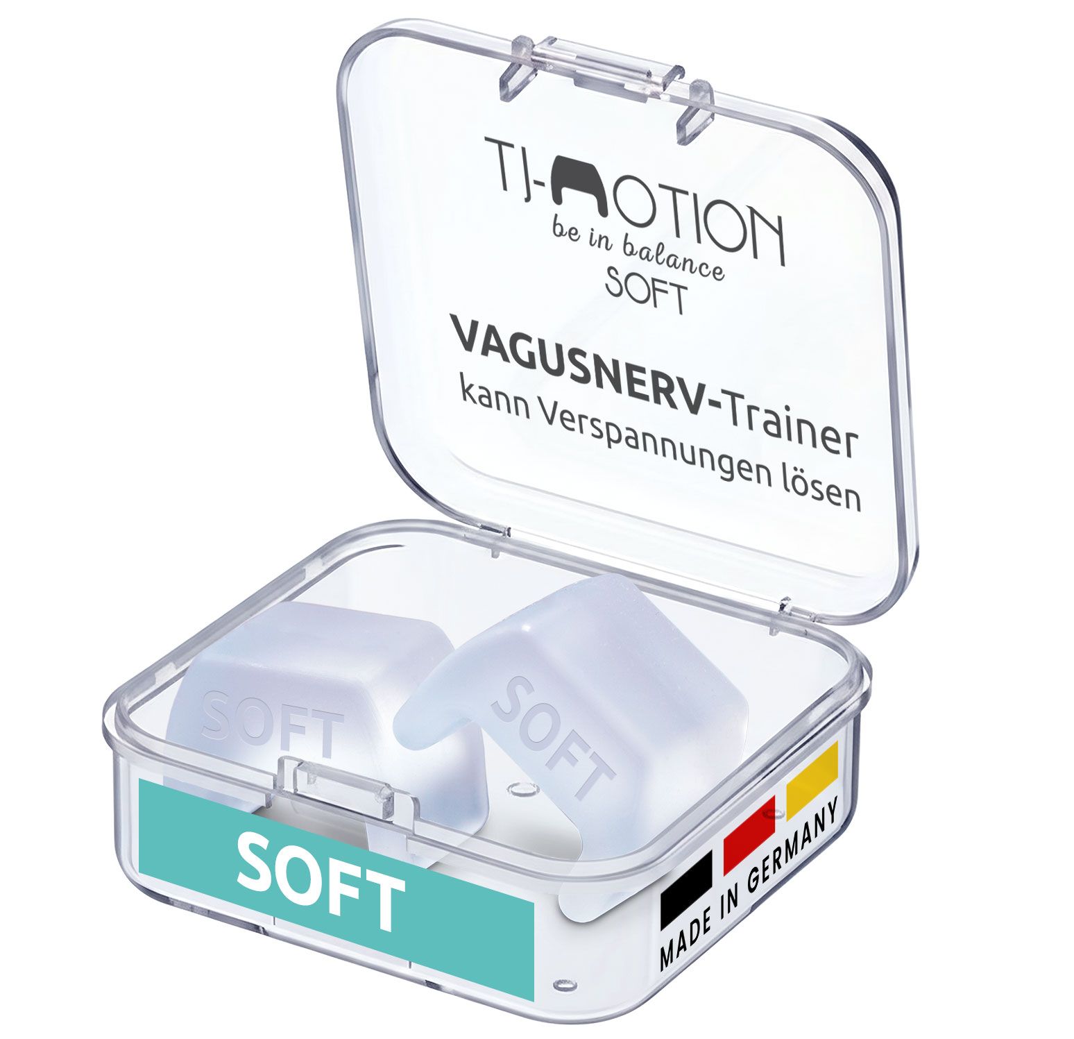 Transparente Box mit zwei weißen, weichen Würfeln. Auf der Box steht "TJ-Motion be in balance SOFT" und "VAGUSNERV-Trainer".