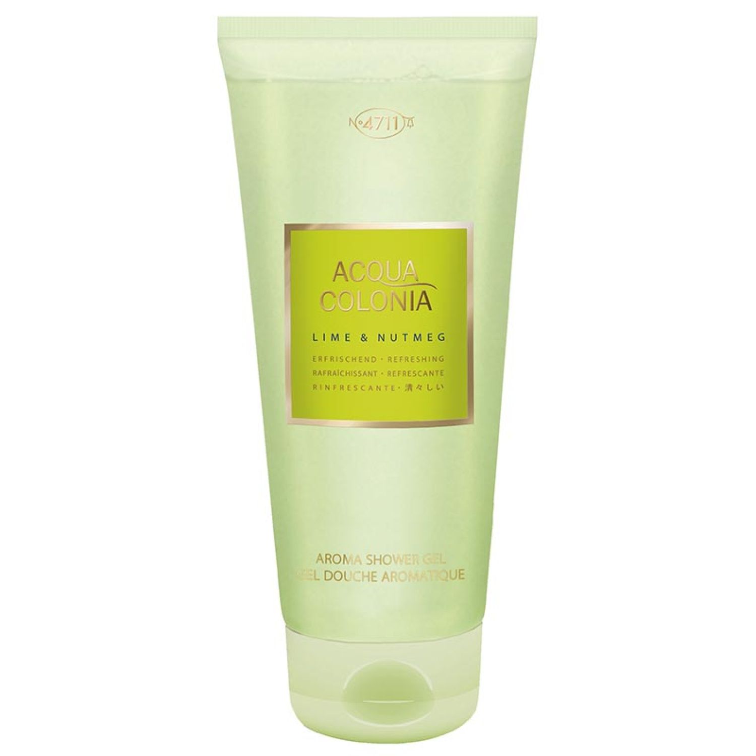 Grüne Tube. Aufschrift: Acqua Colonia Lime & Nutmeg Aroma Shower Gel. Goldfarbenes Etikett. Hellgrüner Hintergrund.