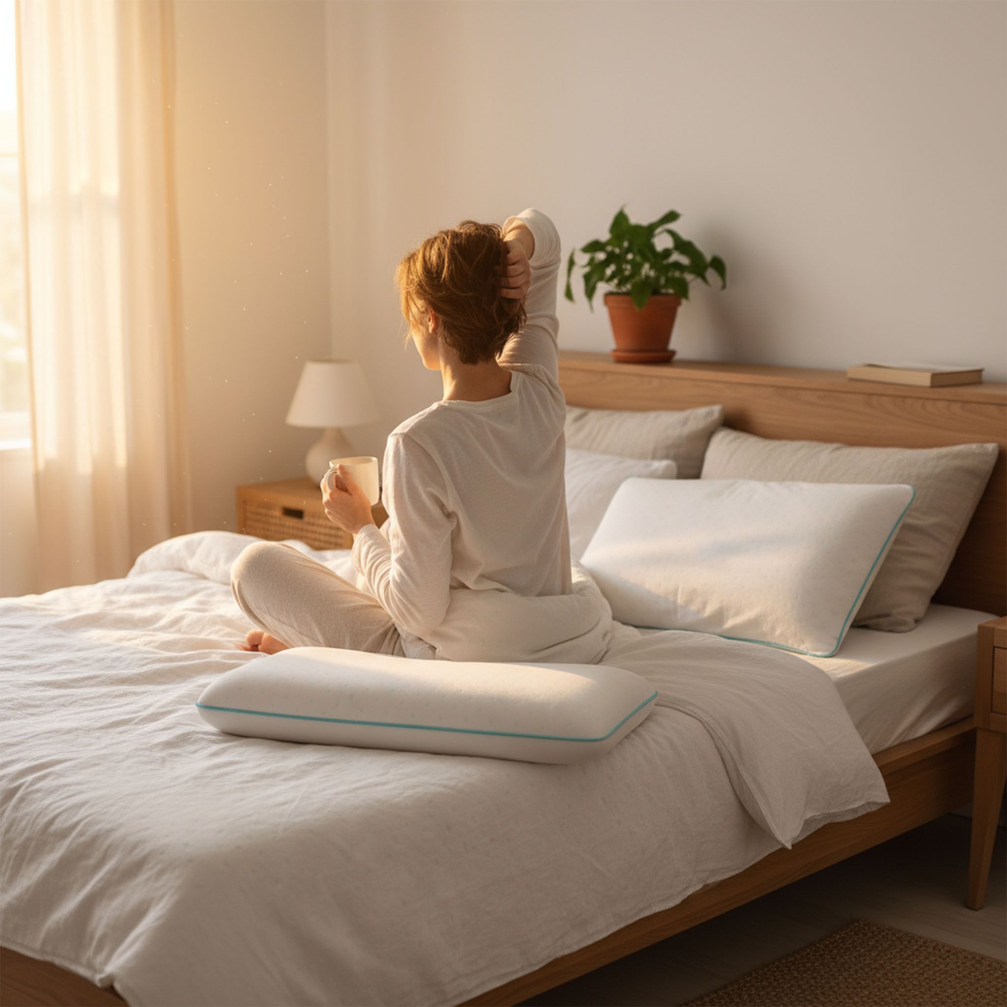 Frau sitzt auf Bett mit Kissen. Kissen weiß mit hellblauer Umrandung. Frau hält Tasse.
