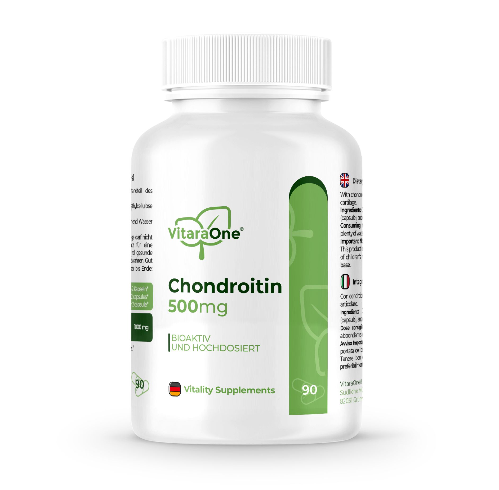 Weiße Flasche mit grünem Etikett. Aufschrift: VitaraOne Chondroitin 500mg. 90 Kapseln. Vitality Supplements.