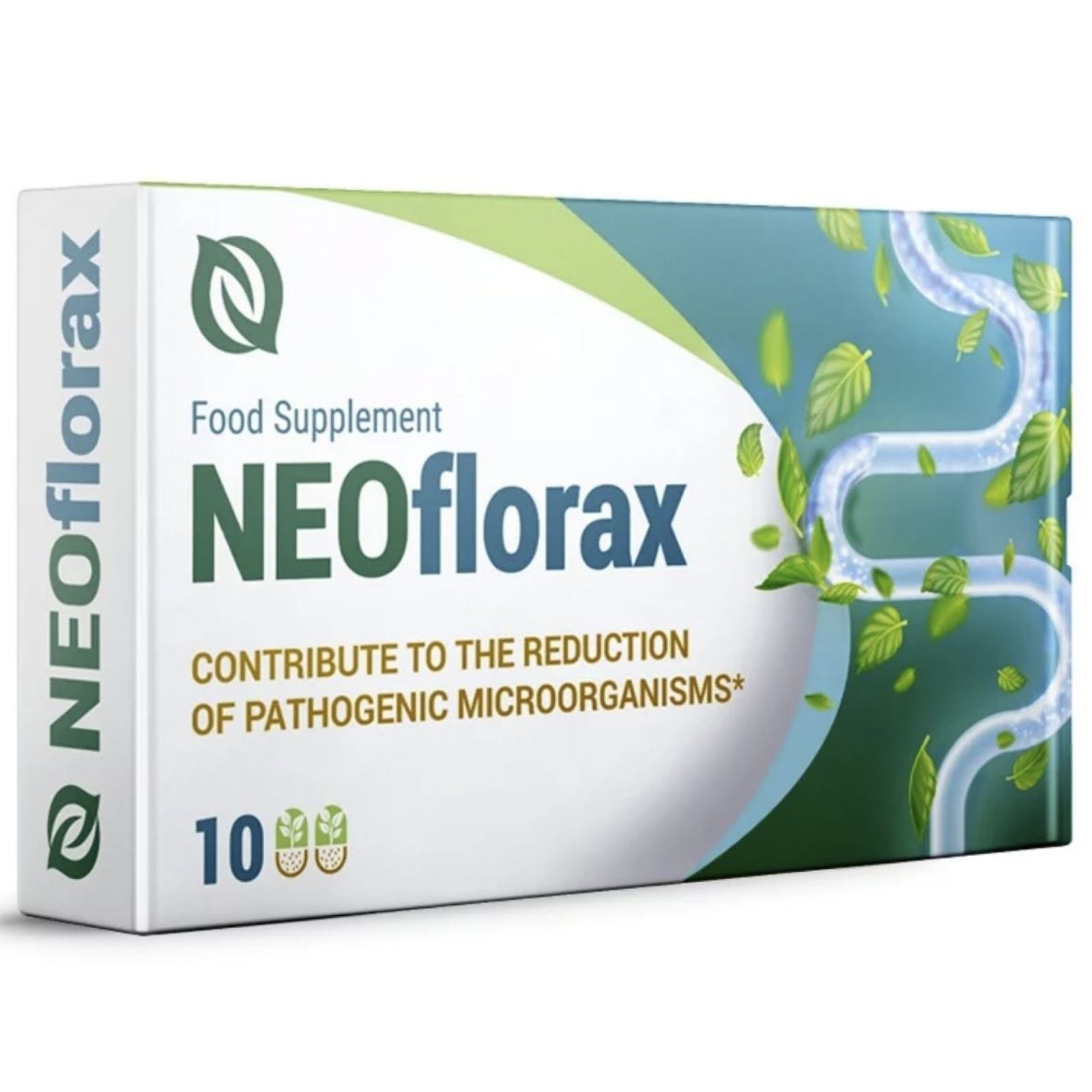 NEOflorax-Verpackung, schräg. Aufschrift: "Food Supplement", "CONTRIBUTE TO THE REDUCTION OF PATHOGENIC MICROORGANISMS". 10 Kapseln. Logo.