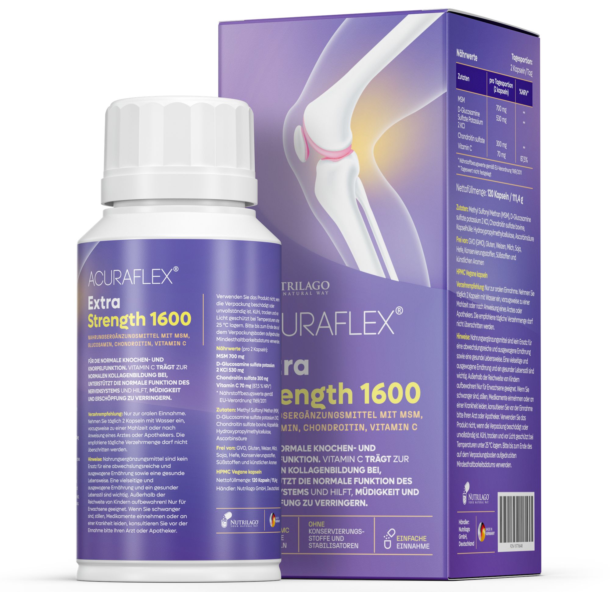 ACURAFLEX Extra Strength 1600 Flasche und Schachtel. Enthält MSM, Glucosamin, Chondroitin und Vitamin C. Abbildung eines Kniegelenks.