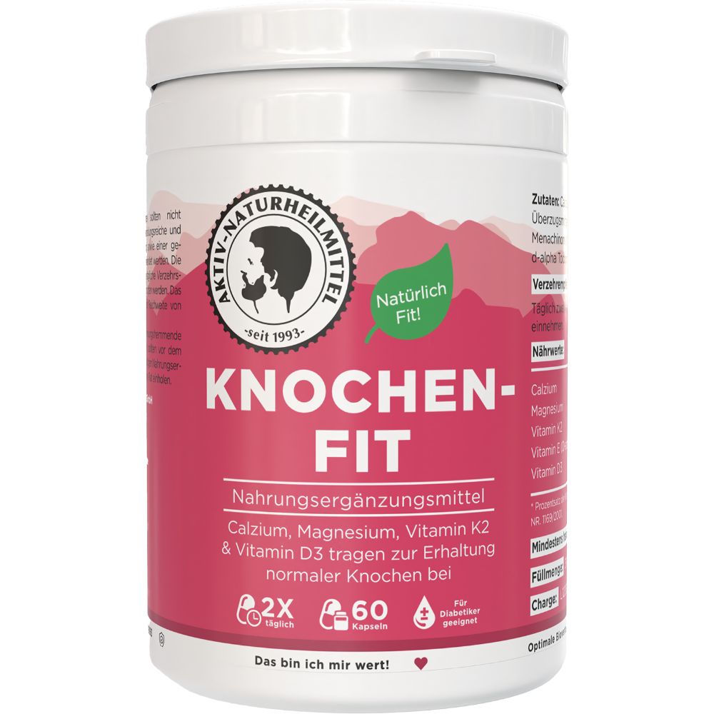 Weißes, zylindrisches Behältnis mit rotem Etikett. Aufschrift: Knochen-Fit, Nahrungsergänzungsmittel. Enthält Calcium, Magnesium, Vitamin K2 & D3. 60 Kapseln.