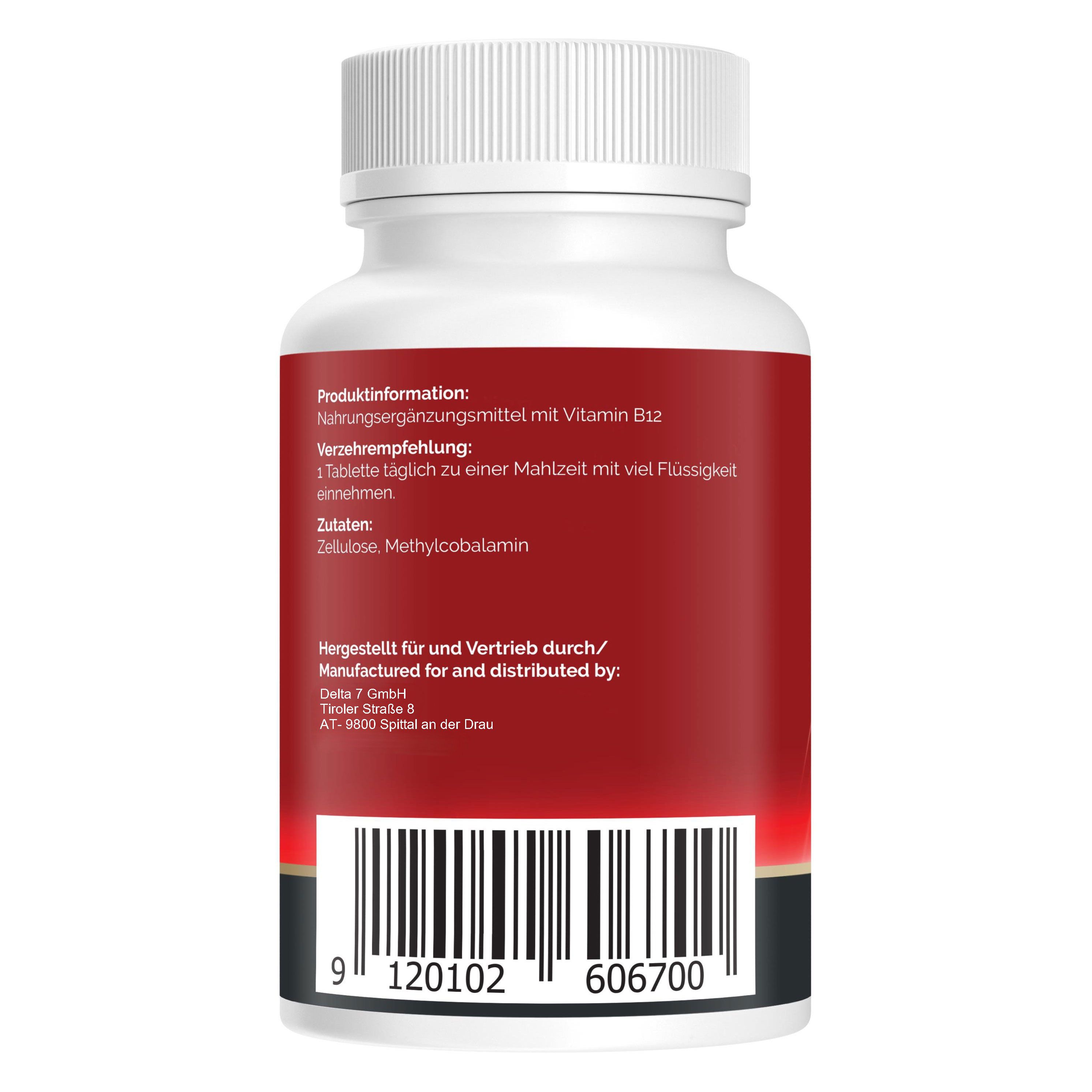 Rückseite der Flasche Natural Pro Vitamin B12. Produktinformationen, Verzehrempfehlung, Zutaten, Herstellerinformationen und Barcode.